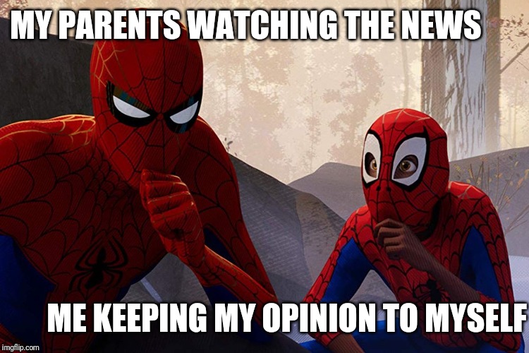 Learning from spiderman | MY PARENTS WATCHING THE NEWS; ME KEEPING MY OPINION TO MYSELF | image tagged in learning from spiderman | made w/ Imgflip meme maker