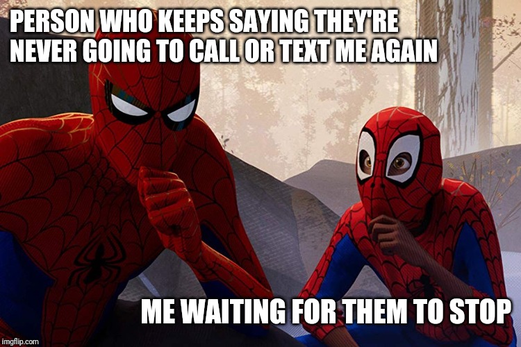 Learning from spiderman | PERSON WHO KEEPS SAYING THEY'RE NEVER GOING TO CALL OR TEXT ME AGAIN; ME WAITING FOR THEM TO STOP | image tagged in learning from spiderman | made w/ Imgflip meme maker