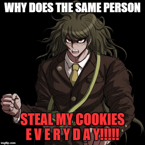 gonta gokuhahahaahhhaah | WHY DOES THE SAME PERSON; STEAL MY COOKIES E V E R Y D A Y!!!!! | image tagged in gonta gokuhahahaahhhaah | made w/ Imgflip meme maker