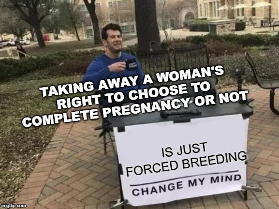 Keep your religion Islam, Hindu, Judaism, Christianity, Spaghetti Monster, etc etc, out of Americas Laws | TAKING AWAY A WOMAN'S RIGHT TO CHOOSE TO COMPLETE PREGNANCY OR NOT; IS JUST FORCED BREEDING | image tagged in memes,change my mind,freedom,religion,constitution,maga | made w/ Imgflip meme maker