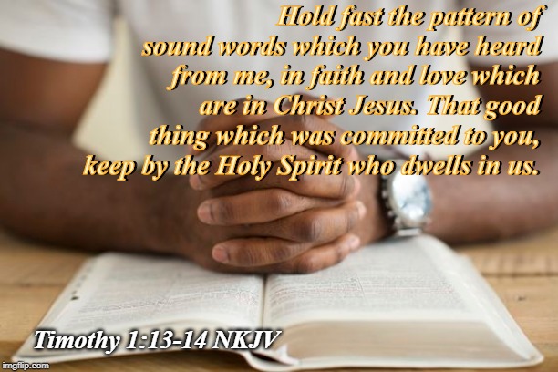 Hold fast the pattern of sound words which you have heard from me, in faith and love which are in Christ Jesus. That good thing which was committed to you, keep by the Holy Spirit who dwells in us. Hold fast the pattern of sound words which you have heard from me, in faith and love which are in Christ Jesus. That good thing which was committed to you, keep by the Holy Spirit who dwells in us. Timothy 1:13-14 NKJV | made w/ Imgflip meme maker