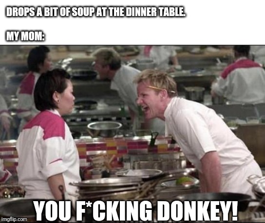 Angry Chef Gordon Ramsay | DROPS A BIT OF SOUP AT THE DINNER TABLE.
 

MY MOM:; YOU F*CKING DONKEY! | image tagged in memes,angry chef gordon ramsay | made w/ Imgflip meme maker