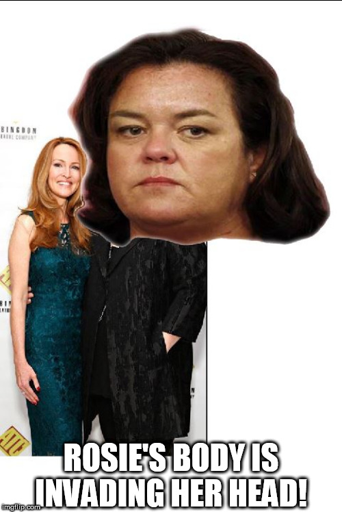 HER BODY IS ESCAPING INTO HER HEAD!! | ROSIE'S BODY IS INVADING HER HEAD! | image tagged in rosie o'donnell,fat lard ass,what a  fat head,rosie and her tiny head friend | made w/ Imgflip meme maker