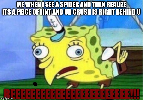Mocking Spongebob | ME WHEN I SEE A SPIDER AND THEN REALIZE ITS A PEICE OF LINT AND UR CRUSH IS RIGHT BEHIND U; REEEEEEEEEEEEEEEEEEEEEEEE!!! | image tagged in memes,mocking spongebob | made w/ Imgflip meme maker
