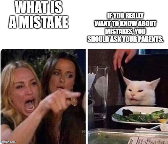 Lady screams at cat | WHAT IS A MISTAKE; IF YOU REALLY WANT TO KNOW ABOUT MISTAKES, YOU SHOULD ASK YOUR PARENTS. | image tagged in lady screams at cat | made w/ Imgflip meme maker