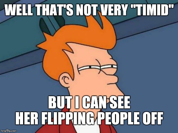 Futurama Fry Meme | WELL THAT'S NOT VERY "TIMID" BUT I CAN SEE HER FLIPPING PEOPLE OFF | image tagged in memes,futurama fry | made w/ Imgflip meme maker