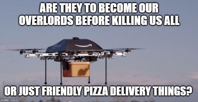 Drones, friend or foe? you make the call. | ARE THEY TO BECOME OUR OVERLORDS BEFORE KILLING US ALL; OR JUST FRIENDLY PIZZA DELIVERY THINGS? | image tagged in amazon drone,fun,memes,pizza | made w/ Imgflip meme maker