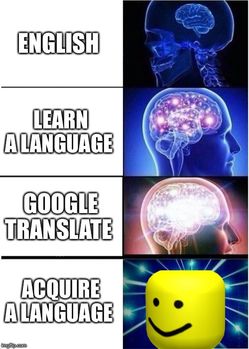 Expanding Brain Meme | ENGLISH; LEARN A LANGUAGE; GOOGLE TRANSLATE; ACQUIRE A LANGUAGE | image tagged in memes,expanding brain | made w/ Imgflip meme maker