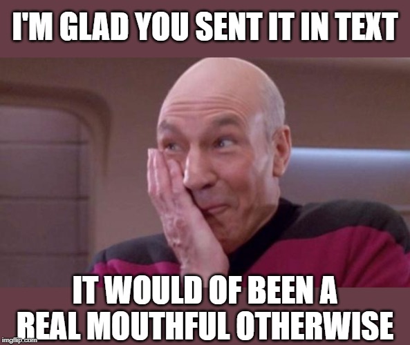 picard oops | I'M GLAD YOU SENT IT IN TEXT IT WOULD OF BEEN A REAL MOUTHFUL OTHERWISE | image tagged in picard oops | made w/ Imgflip meme maker