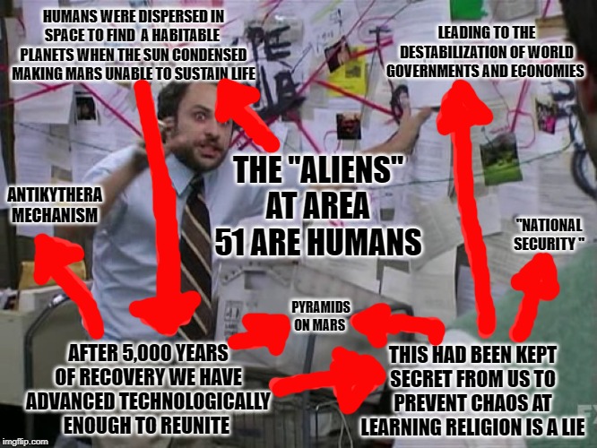 Conspiracy String  Theory | HUMANS WERE DISPERSED IN SPACE TO FIND  A HABITABLE  PLANETS WHEN THE SUN CONDENSED MAKING MARS UNABLE TO SUSTAIN LIFE; LEADING TO THE DESTABILIZATION OF WORLD GOVERNMENTS AND ECONOMIES; ANTIKYTHERA MECHANISM; THE "ALIENS" AT AREA 51 ARE HUMANS; "NATIONAL SECURITY "; PYRAMIDS ON MARS; AFTER 5,000 YEARS OF RECOVERY WE HAVE ADVANCED TECHNOLOGICALLY ENOUGH TO REUNITE; THIS HAD BEEN KEPT SECRET FROM US TO PREVENT CHAOS AT LEARNING RELIGION IS A LIE | image tagged in charlie conspiracy always sunny in philidelphia,conspiracy theories,area 51,extraterrestrial | made w/ Imgflip meme maker