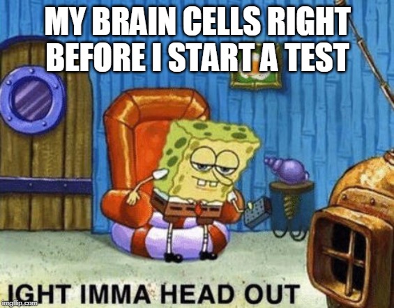 Ight imma head out | MY BRAIN CELLS RIGHT BEFORE I START A TEST | image tagged in ight imma head out | made w/ Imgflip meme maker