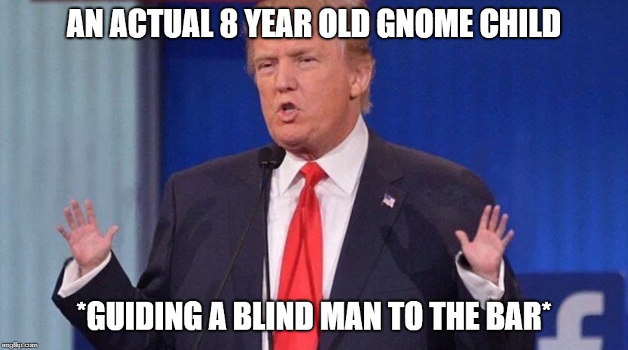 Trump Small Hands | AN ACTUAL 8 YEAR OLD GNOME CHILD; *GUIDING A BLIND MAN TO THE BAR* | image tagged in trump small hands | made w/ Imgflip meme maker