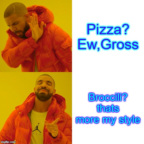 Drake Hotline Bling | Pizza? Ew,Gross; Broccili? thats more my style | image tagged in memes,drake hotline bling | made w/ Imgflip meme maker