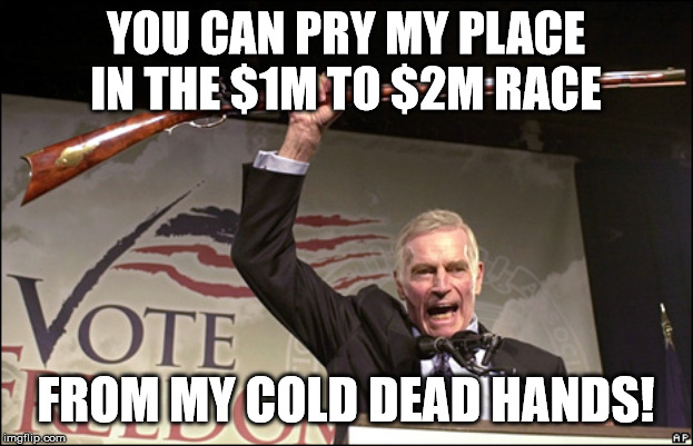 Charleton Heston NRA | YOU CAN PRY MY PLACE IN THE $1M TO $2M RACE; FROM MY COLD DEAD HANDS! | image tagged in charleton heston nra | made w/ Imgflip meme maker