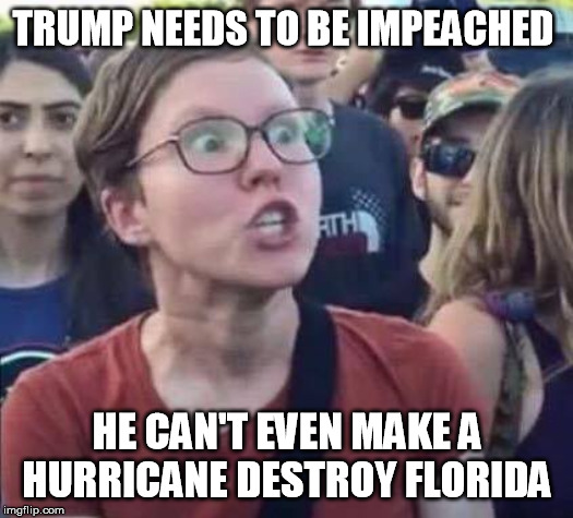 Angry Liberal | TRUMP NEEDS TO BE IMPEACHED; HE CAN'T EVEN MAKE A HURRICANE DESTROY FLORIDA | image tagged in angry liberal,liberal logic,democrats,democratic party,hurricane dorian | made w/ Imgflip meme maker
