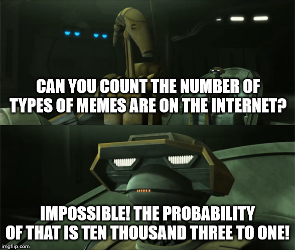 Disbelieving Tactical Droid | CAN YOU COUNT THE NUMBER OF TYPES OF MEMES ARE ON THE INTERNET? IMPOSSIBLE! THE PROBABILITY OF THAT IS TEN THOUSAND THREE TO ONE! | image tagged in disbelieving tactical droid | made w/ Imgflip meme maker