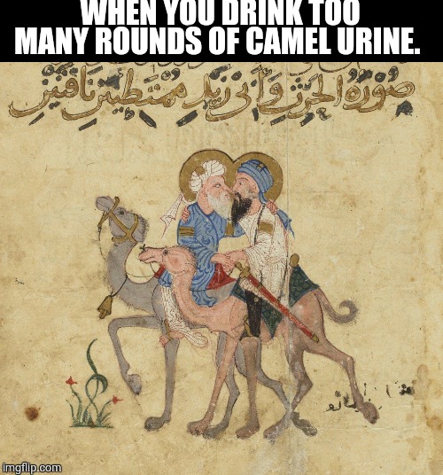 Too many rounds | WHEN YOU DRINK TOO MANY ROUNDS OF CAMEL URINE. | image tagged in islam | made w/ Imgflip meme maker