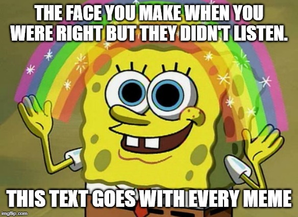 Imagination Spongebob | THE FACE YOU MAKE WHEN YOU WERE RIGHT BUT THEY DIDN'T LISTEN. THIS TEXT GOES WITH EVERY MEME | image tagged in memes,imagination spongebob | made w/ Imgflip meme maker