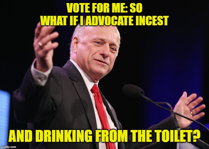When Iowa Sent Steve King To Congress; They're Not Sending Their Best.. | VOTE FOR ME: SO WHAT IF I ADVOCATE INCEST; AND DRINKING FROM THE TOILET? | image tagged in steve king | made w/ Imgflip meme maker