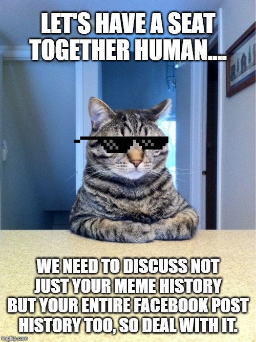 Uh-oh! Better watch out cuz this kitty's gonna check your meme history and your entire facebook host history 2 . U been warned . | LET'S HAVE A SEAT TOGETHER HUMAN.... WE NEED TO DISCUSS NOT JUST YOUR MEME HISTORY BUT YOUR ENTIRE FACEBOOK POST HISTORY TOO, SO DEAL WITH IT. | image tagged in memes,take a seat cat | made w/ Imgflip meme maker