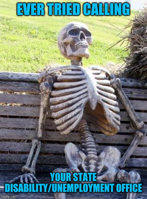 Waiting Skeleton Meme | EVER TRIED CALLING YOUR STATE DISABILITY/UNEMPLOYMENT OFFICE | image tagged in memes,waiting skeleton | made w/ Imgflip meme maker