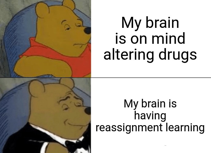 Tuxedo Winnie The Pooh | My brain is on mind altering drugs; My brain is having reassignment learning | image tagged in memes,tuxedo winnie the pooh | made w/ Imgflip meme maker