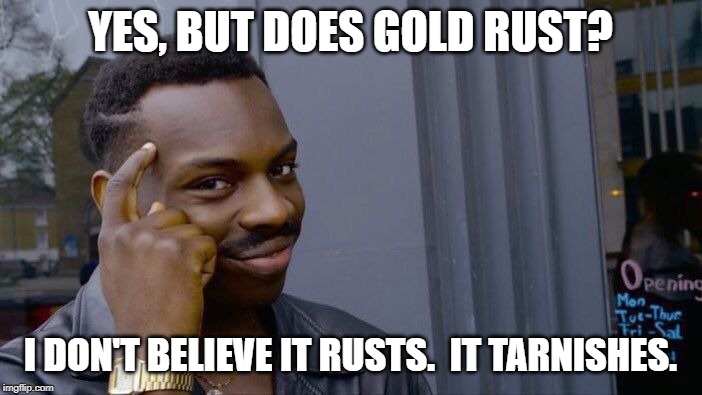 Roll Safe Think About It Meme | YES, BUT DOES GOLD RUST? I DON'T BELIEVE IT RUSTS.  IT TARNISHES. | image tagged in memes,roll safe think about it | made w/ Imgflip meme maker