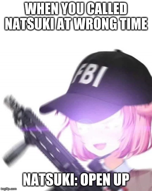 FBI Natsuki | WHEN YOU CALLED NATSUKI AT WRONG TIME; NATSUKI: OPEN UP | image tagged in fbi natsuki | made w/ Imgflip meme maker