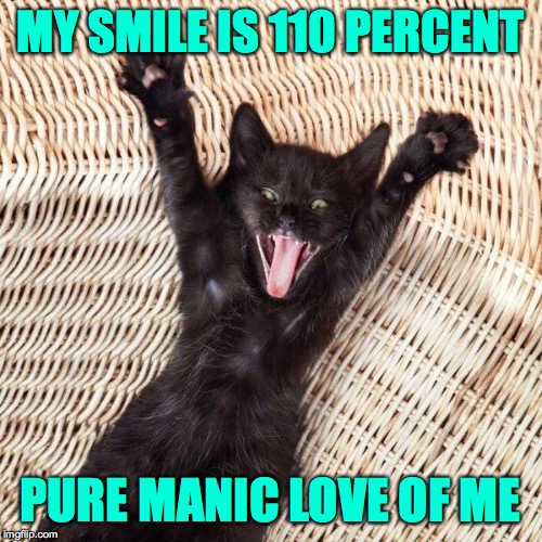 Happy cat  | MY SMILE IS 110 PERCENT PURE MANIC LOVE OF ME | image tagged in happy cat | made w/ Imgflip meme maker