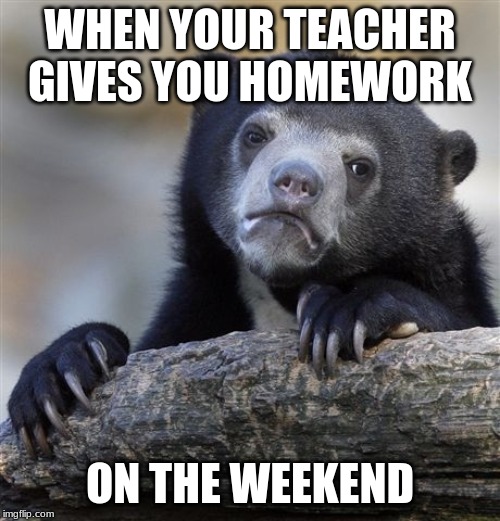 Confession Bear Meme | WHEN YOUR TEACHER GIVES YOU HOMEWORK; ON THE WEEKEND | image tagged in memes,confession bear | made w/ Imgflip meme maker