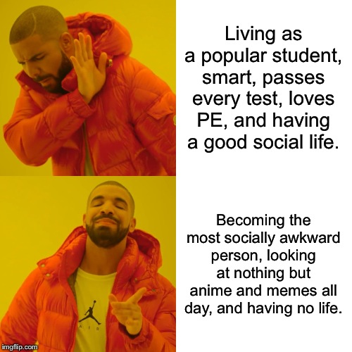 Drake Hotline Bling | Living as a popular student, smart, passes every test, loves PE, and having a good social life. Becoming the most socially awkward person, looking at nothing but anime and memes all day, and having no life. | image tagged in memes,drake hotline bling | made w/ Imgflip meme maker