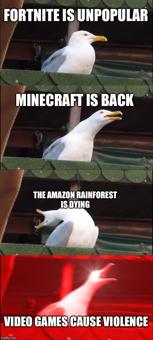 Inhaling Seagull | FORTNITE IS UNPOPULAR; MINECRAFT IS BACK; THE AMAZON RAINFOREST
IS DYING; VIDEO GAMES CAUSE VIOLENCE | image tagged in memes,inhaling seagull | made w/ Imgflip meme maker