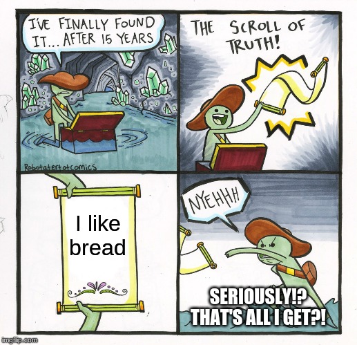 Seriously? | I like bread; SERIOUSLY!? THAT'S ALL I GET?! | image tagged in memes,the scroll of truth,bread,seriously | made w/ Imgflip meme maker