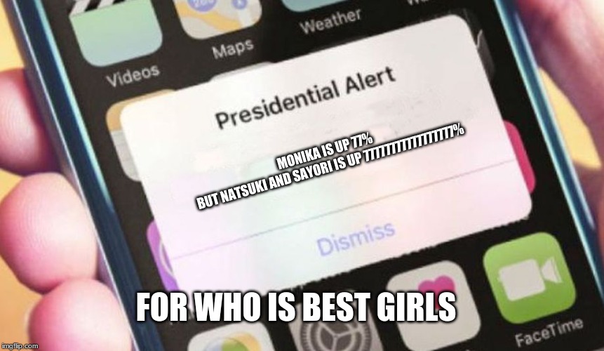 This is for Fred03 | MONIKA IS UP 77% 

BUT NATSUKI AND SAYORI IS UP 77777777777777777%; FOR WHO IS BEST GIRLS | image tagged in memes,presidential alert | made w/ Imgflip meme maker