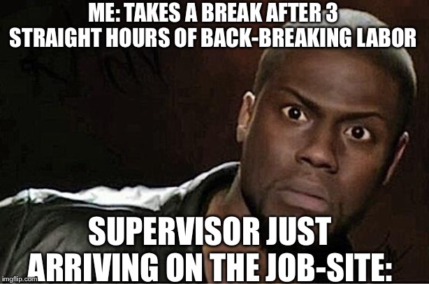 Kevin Hart | ME: TAKES A BREAK AFTER 3 STRAIGHT HOURS OF BACK-BREAKING LABOR; SUPERVISOR JUST ARRIVING ON THE JOB-SITE: | image tagged in memes,kevin hart | made w/ Imgflip meme maker