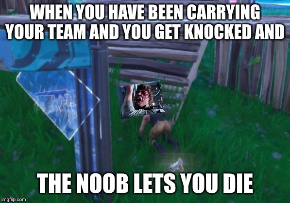 This has happened so many times not only in fortnite. | WHEN YOU HAVE BEEN CARRYING YOUR TEAM AND YOU GET KNOCKED AND; THE NOOB LETS YOU DIE | image tagged in fortnite,knockout,noob,why me,lol so funny,gaming | made w/ Imgflip meme maker