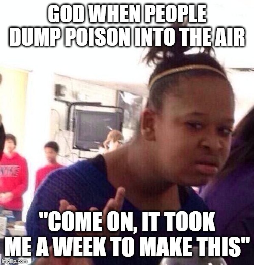 Black Girl Wat Meme | GOD WHEN PEOPLE DUMP POISON INTO THE AIR; "COME ON, IT TOOK ME A WEEK TO MAKE THIS" | image tagged in memes,black girl wat | made w/ Imgflip meme maker
