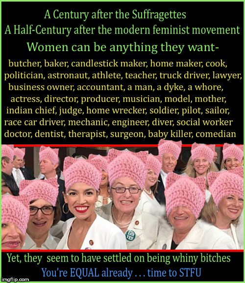 Feminism-time to STFU now | image tagged in feminism,alexandria ocasio-cortez,lol,politics lol,vagina hats,current events | made w/ Imgflip meme maker