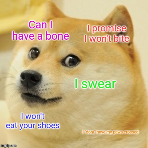 Doge | Can I have a bone; I promise I won't bite; I swear; I won't eat your shoes; I "dont" have my paws crossed | image tagged in memes,doge | made w/ Imgflip meme maker