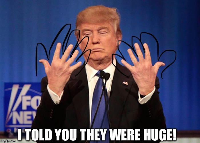 I TOLD YOU THEY WERE HUGE! | image tagged in funny trump sharpie meme,trump sharpie meme,trump tiny hands,trump big hands,trump sharpie | made w/ Imgflip meme maker