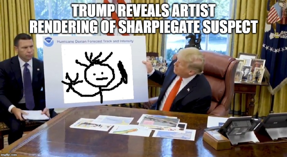 Trump Hurricane Sharpie Blanks | TRUMP REVEALS ARTIST RENDERING OF SHARPIEGATE SUSPECT | image tagged in trump hurricane sharpie blanks | made w/ Imgflip meme maker