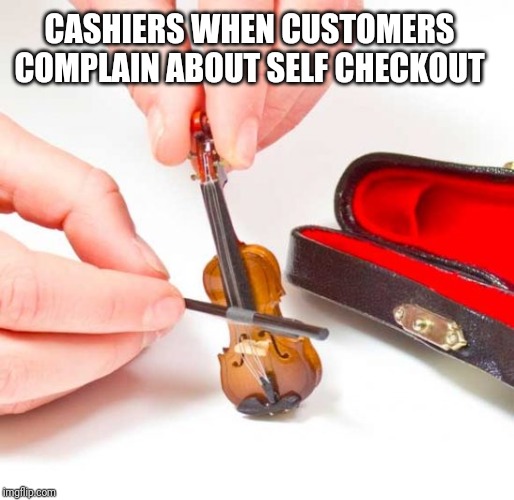 Tiny violin  | CASHIERS WHEN CUSTOMERS COMPLAIN ABOUT SELF CHECKOUT | image tagged in tiny violin,retail | made w/ Imgflip meme maker
