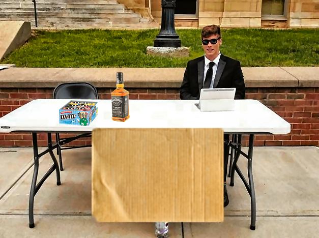 High Quality Guy with Jack Daniels, M&Ms, Change My Mind Blank Meme Template