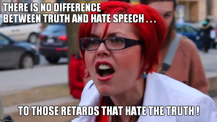 Adult children and the MSM both prefer fantasy to reality, and feelings to facts! | THERE IS NO DIFFERENCE BETWEEN TRUTH AND HATE SPEECH . . . TO THOSE RETARDS THAT HATE THE TRUTH ! | image tagged in hate speech,sjws | made w/ Imgflip meme maker