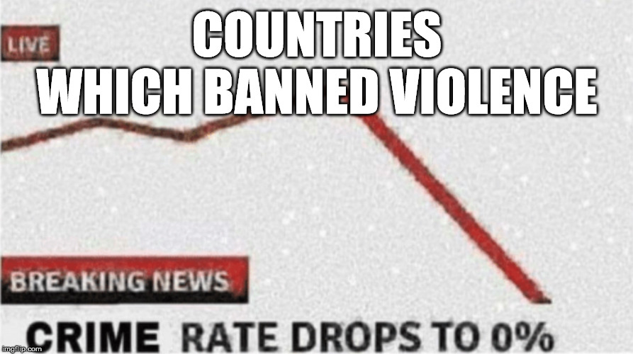 Crime rate drops to zero | COUNTRIES WHICH BANNED VIOLENCE | image tagged in crime rate drops to zero | made w/ Imgflip meme maker