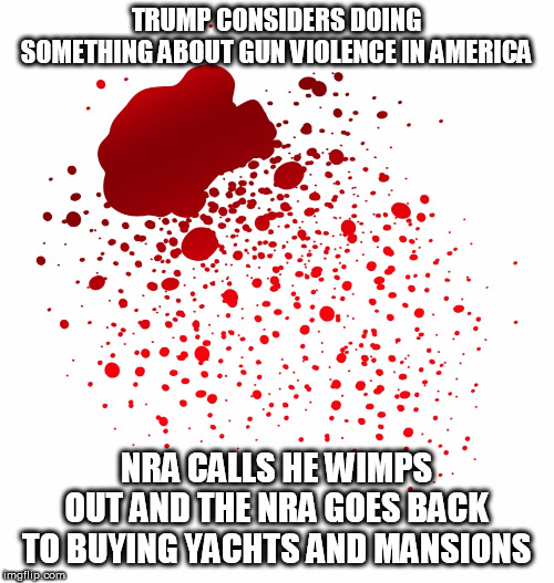 TRUMP CONSIDERS DOING SOMETHING ABOUT GUN VIOLENCE IN AMERICA; NRA CALLS HE WIMPS OUT AND THE NRA GOES BACK TO BUYING YACHTS AND MANSIONS | made w/ Imgflip meme maker