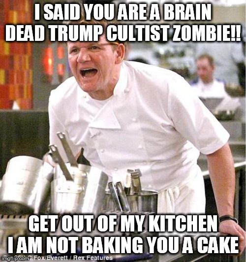 no cake for the trumpie | I SAID YOU ARE A BRAIN DEAD TRUMP CULTIST ZOMBIE!! GET OUT OF MY KITCHEN I AM NOT BAKING YOU A CAKE | image tagged in memes,chef gordon ramsay,trump cult,evangelical cake,gay rights,walmart gun ban | made w/ Imgflip meme maker