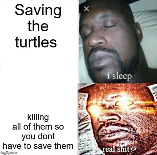 Sleeping Shaq Meme | Saving the turtles; killing all of them so you dont have to save them | image tagged in memes,sleeping shaq | made w/ Imgflip meme maker