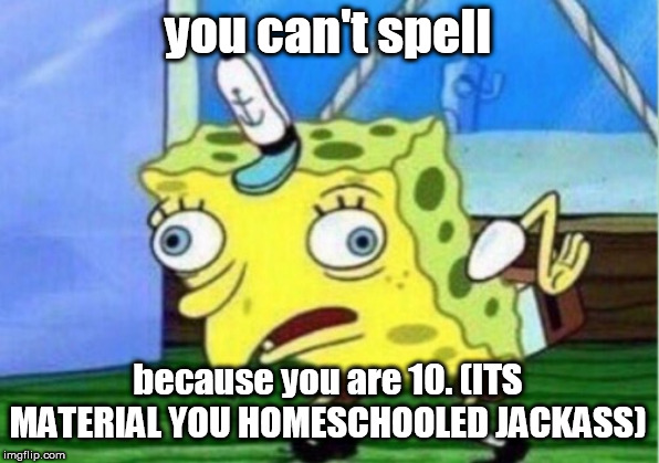 Mocking Spongebob Meme | you can't spell because you are 10. (ITS MATERIAL YOU HOMESCHOOLED JACKASS) | image tagged in memes,mocking spongebob | made w/ Imgflip meme maker