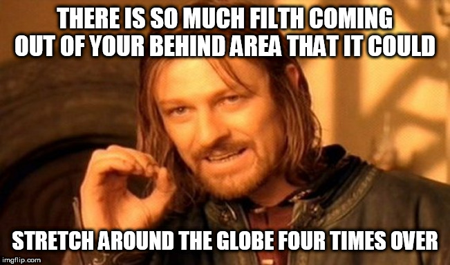 One Does Not Simply | THERE IS SO MUCH FILTH COMING OUT OF YOUR BEHIND AREA THAT IT COULD; STRETCH AROUND THE GLOBE FOUR TIMES OVER | image tagged in memes,one does not simply | made w/ Imgflip meme maker